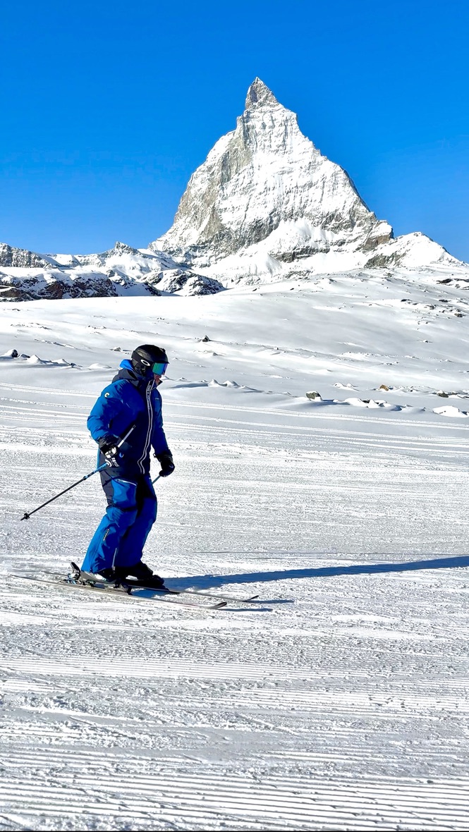 Adam skiing beneath the Matterhorn in Zermatt